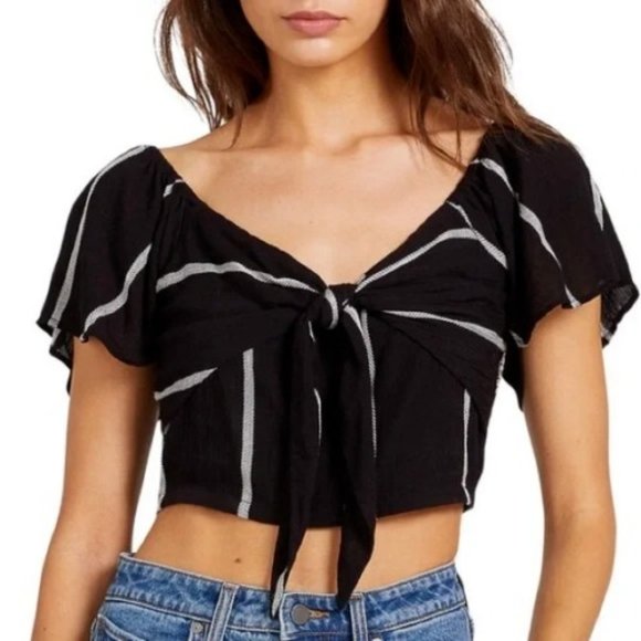 New Volcom Coco Tie Chest Black Striped V-Neck Crop Top Women's M Light Viscose - Picture 1 of 9